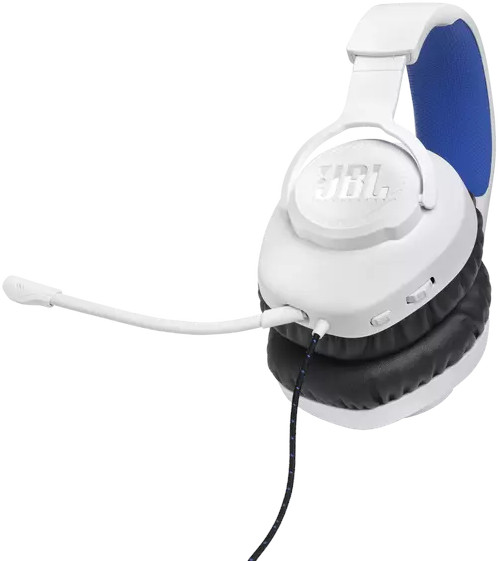Witte en blauwe JBL-koptelefoon met een microfoon. De koptelefoon heeft oorschelpen en een hoofdband.