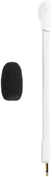 Een witte microfoon met een zwarte schuimhoes ernaast.
