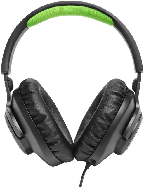 Casque noir avec un serre-tête vert. Ils sont de style circum-aural et ont un câble connecté.