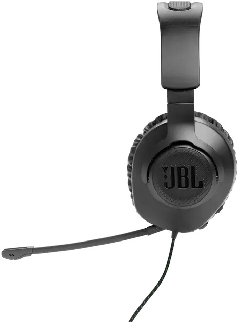 Casque JBL noir avec un microphone. Le casque est sur un fond blanc.