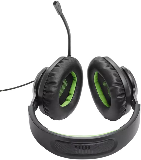 Casque noir avec des accents verts, un microphone et un câble.