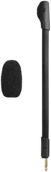 Un microphone noir avec une housse en mousse et un bras flexible, avec une prise jack 3,5 mm.