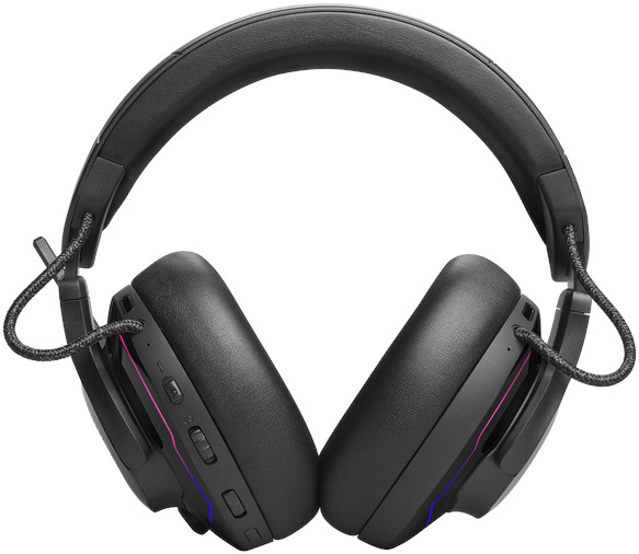 Casque noir avec écouteurs et bandeau. Les écouteurs ont des lumières colorées.
