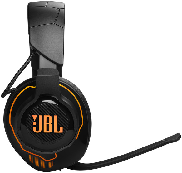 Casque JBL noir avec des accents orange. Il possède un microphone et un serre-tête.