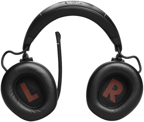 Casque JBL noir avec microphone, lettres L et R visibles.