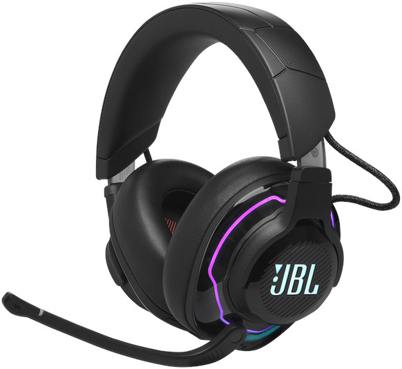 Casque de jeu JBL noir avec un microphone attaché.