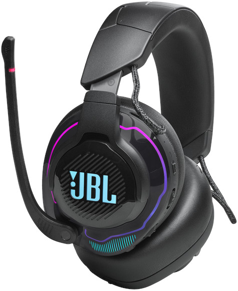 Casque de jeu JBL noir avec microphone. L'éclairage RVB accentue les oreillettes.