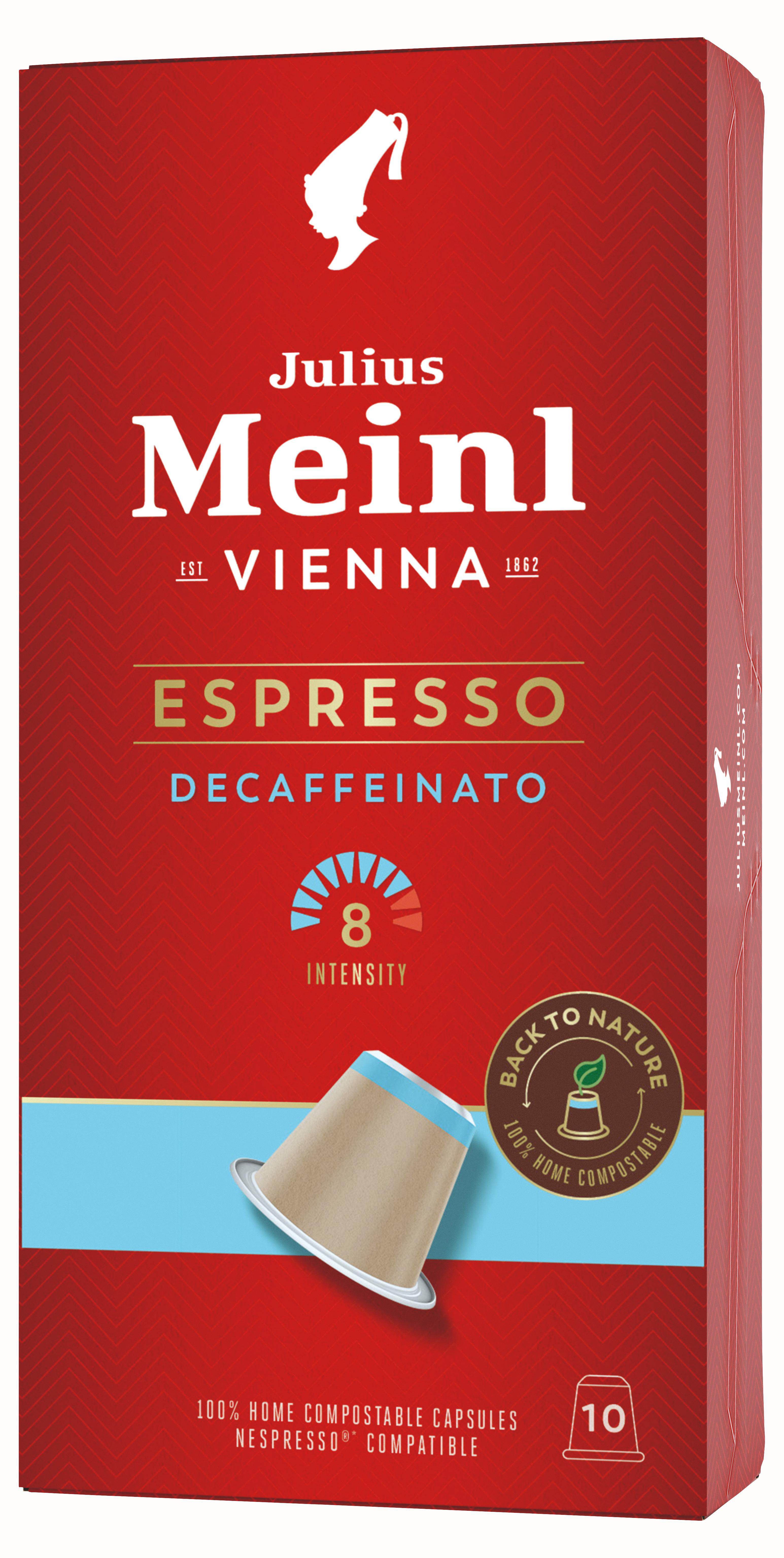 Rote Schachtel mit Julius Meinl Vienna Espresso Decaffeinato Kaffeekapseln. Enthält 10 kompostierbare Kapseln.