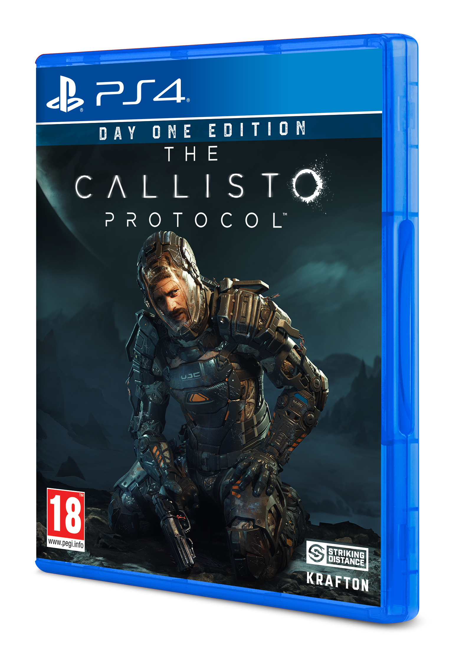 Caja de juego de PS4 con un hombre con traje espacial. Caja azul, fondo negro.