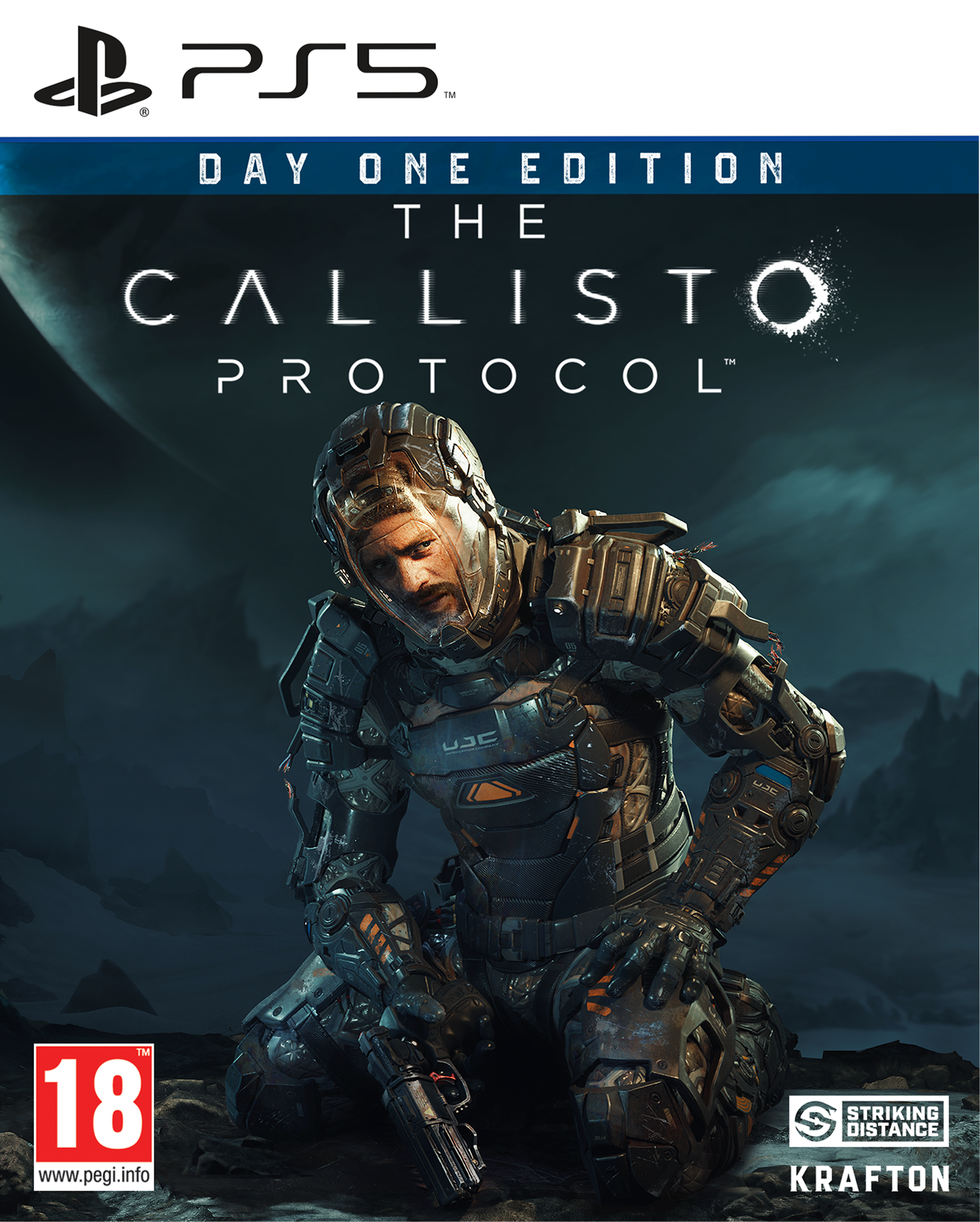 Caja de videojuego con un hombre con traje espacial arrodillado, sosteniendo un arma.