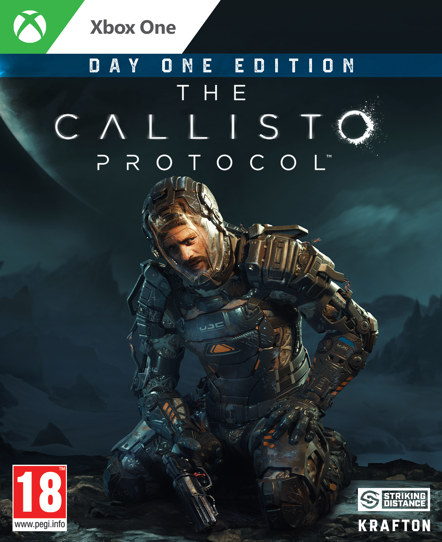 Caja del juego The Callisto Protocol, con un personaje en traje espacial arrodillado.