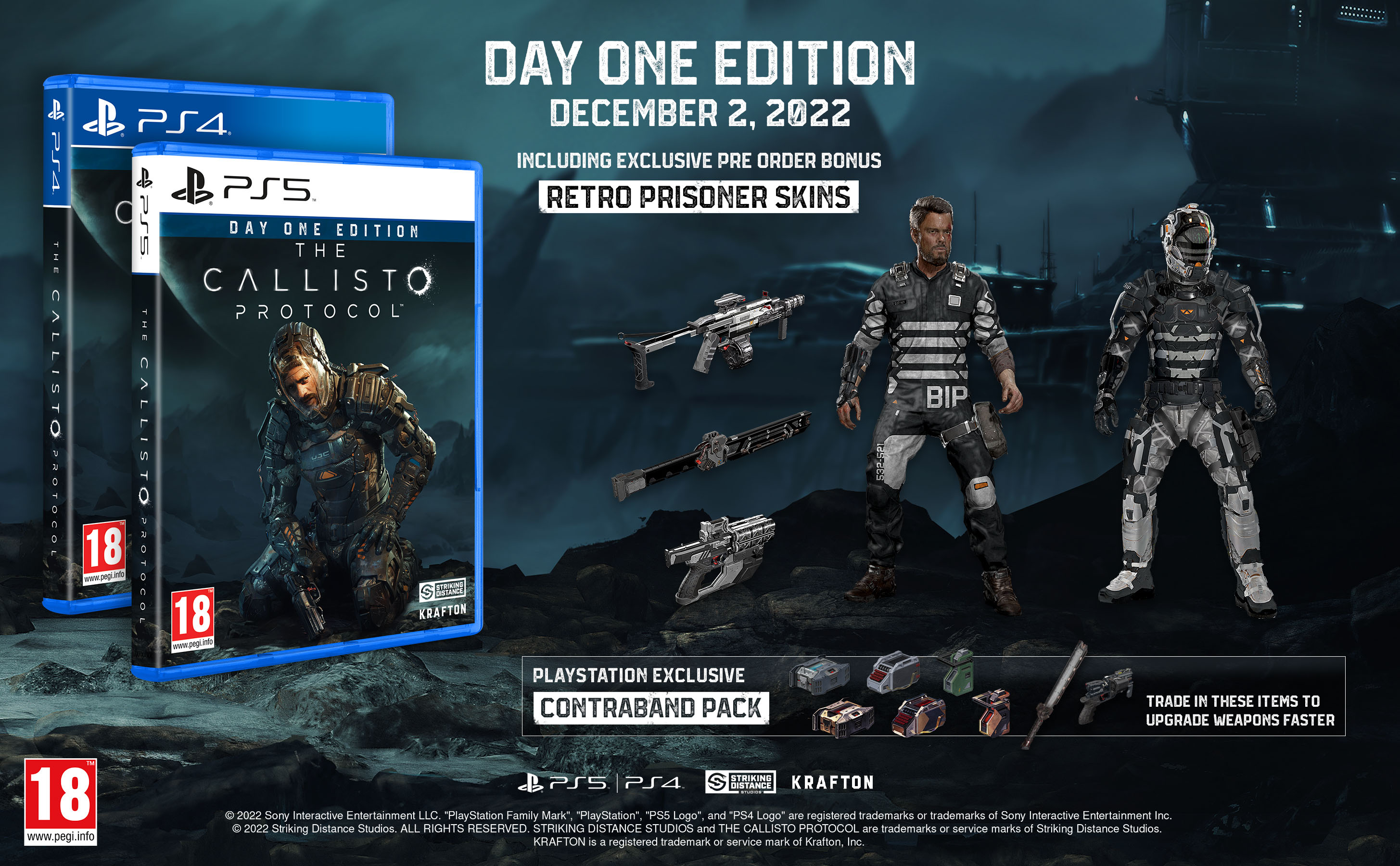 Una caja de juego con personajes, armas y equipo. Incluye una bonificación de reserva. Los logotipos de PS4 y PS5 son visibles.