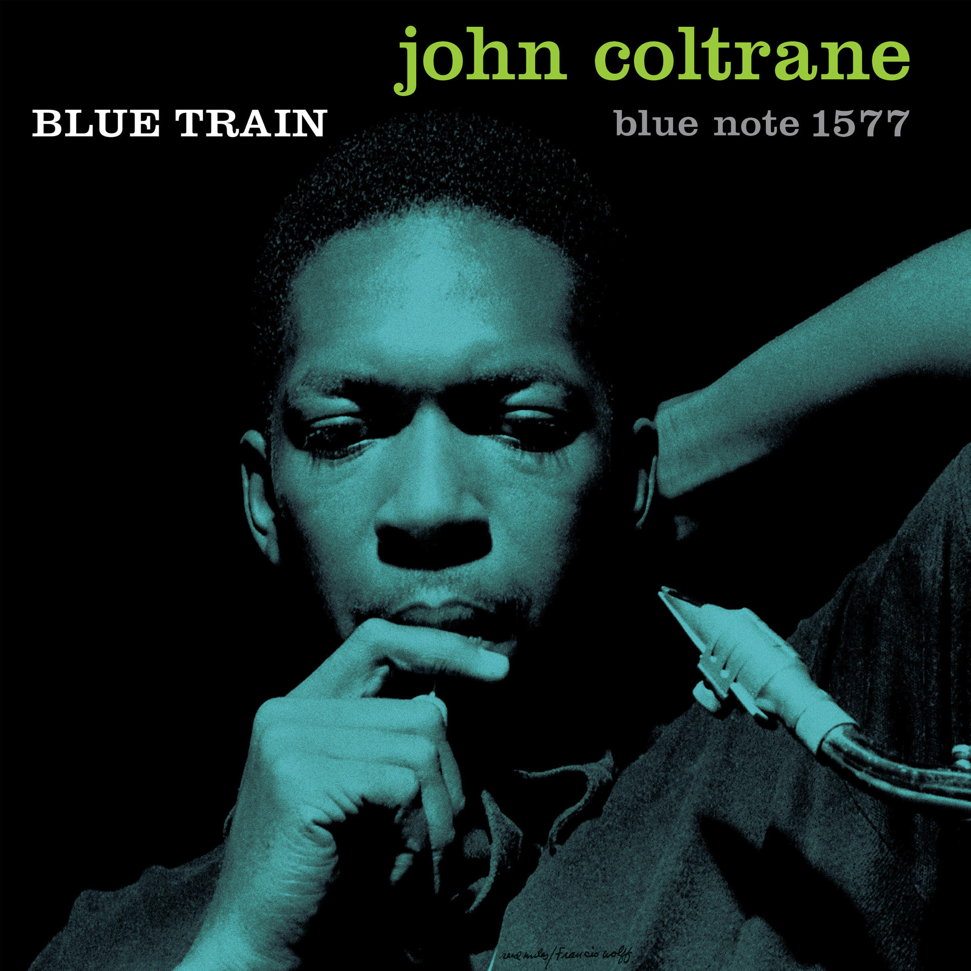 John Coltrane album borító, "Blue Train" felirat, férfi állán a kezével.