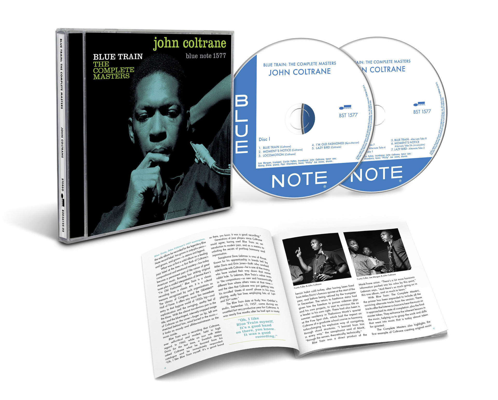 Un coffret CD avec une photo de couverture de John Coltrane et deux CD. Un livret ouvert est à côté.
