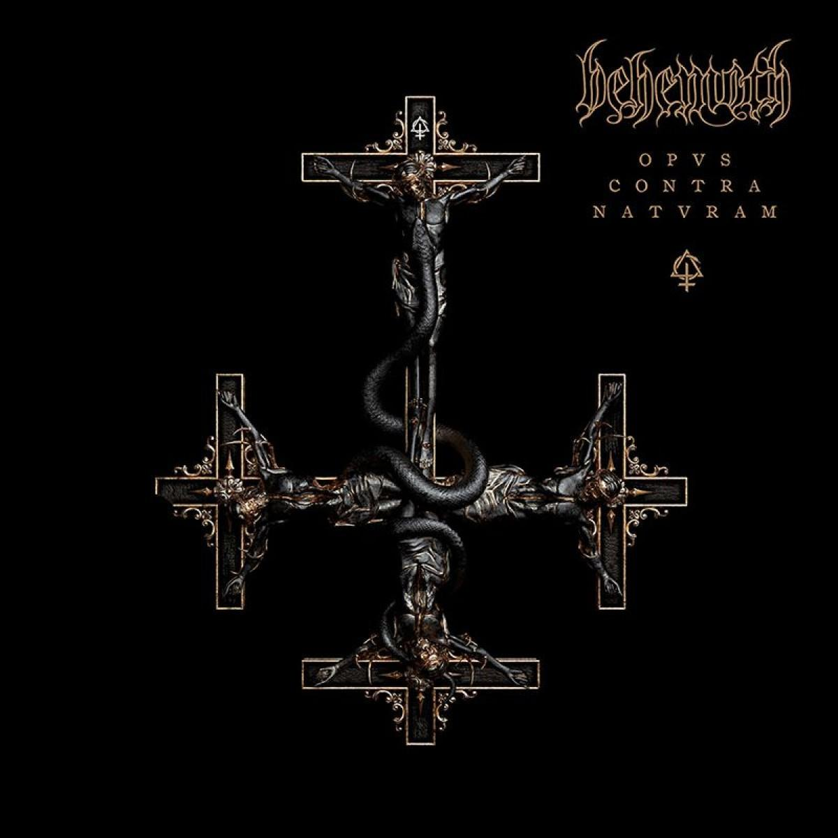 Pochette d'album de metal noir : croix inversées, serpent et figures sur fond noir.
