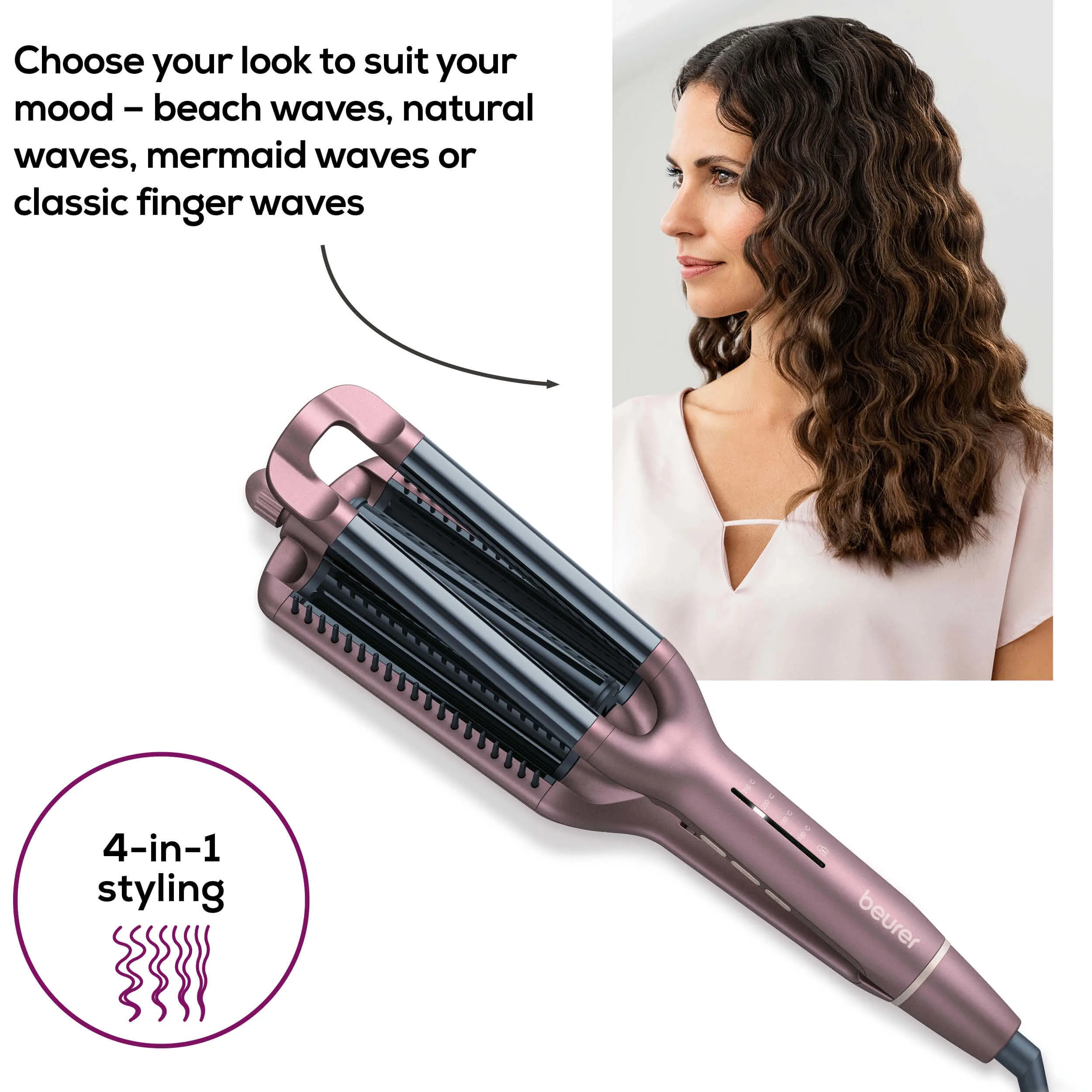Frau mit welligem Haar, schaut auf ein Haarstyling-Werkzeug. Text: Wähle deinen Look.