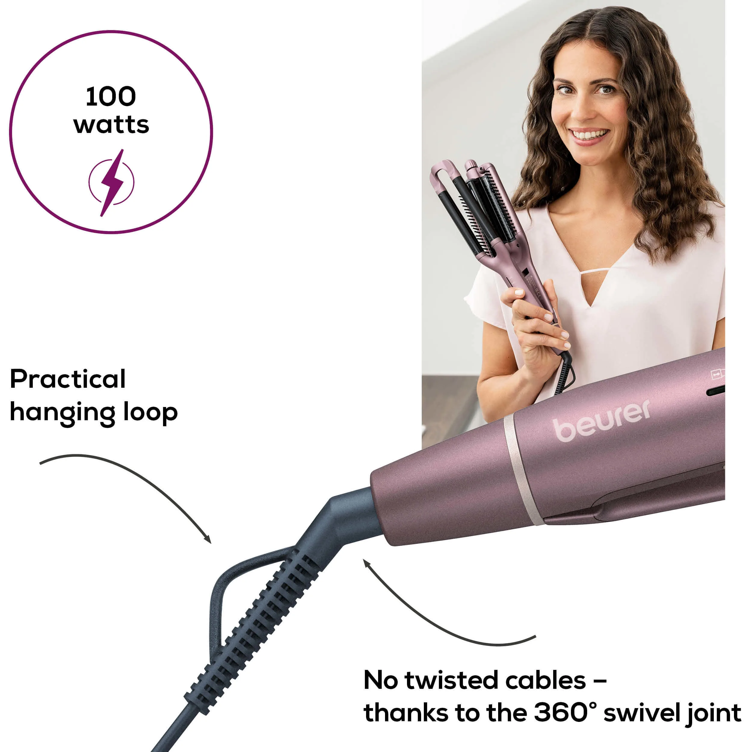 Frau mit Haarlockenwickler; Produkt mit Text 'Praktische Aufhängeschlaufe' und '100 Watt'.