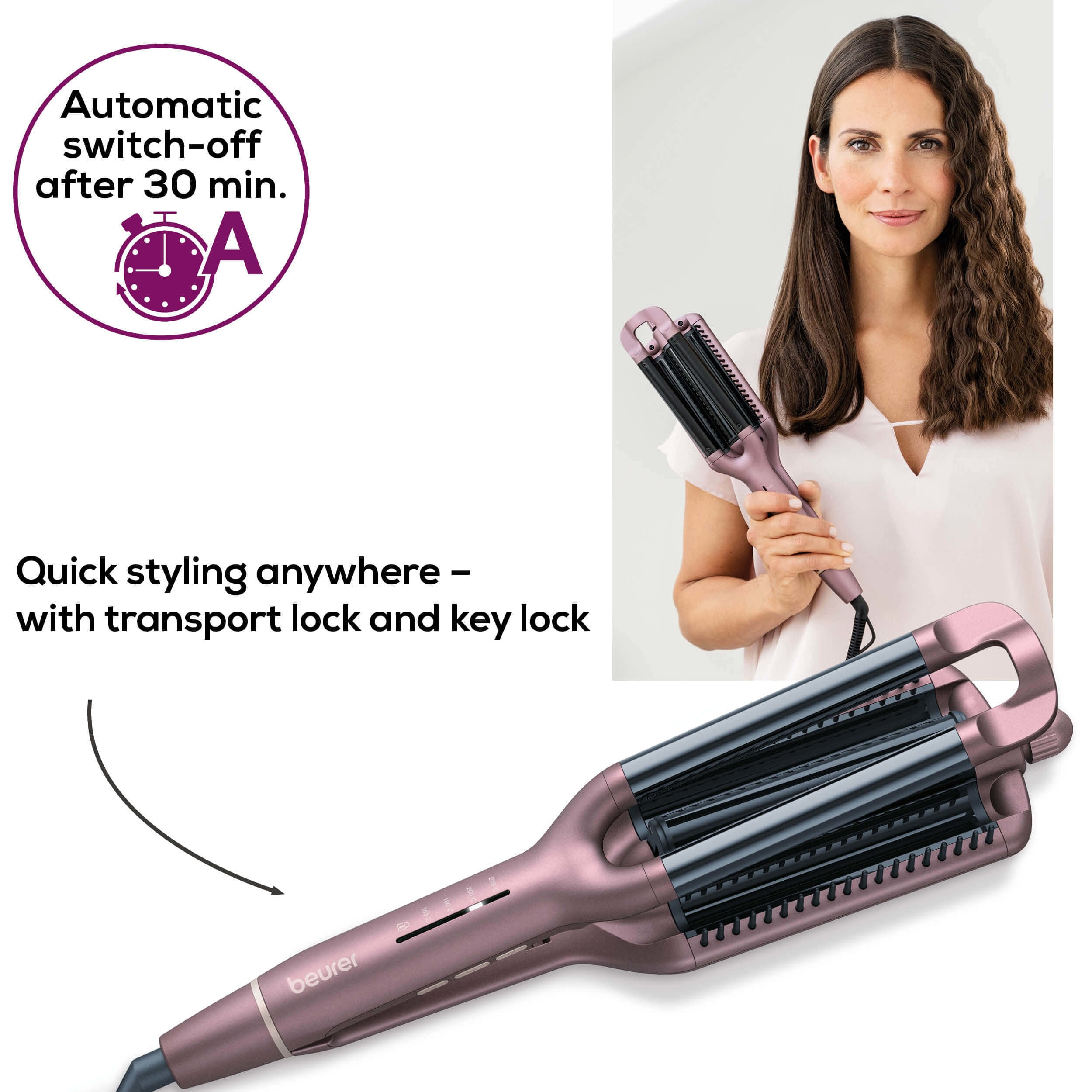 Frau hält pinken Haarcrimper. Text: Schnelles Styling überall, mit Transportsicherung.