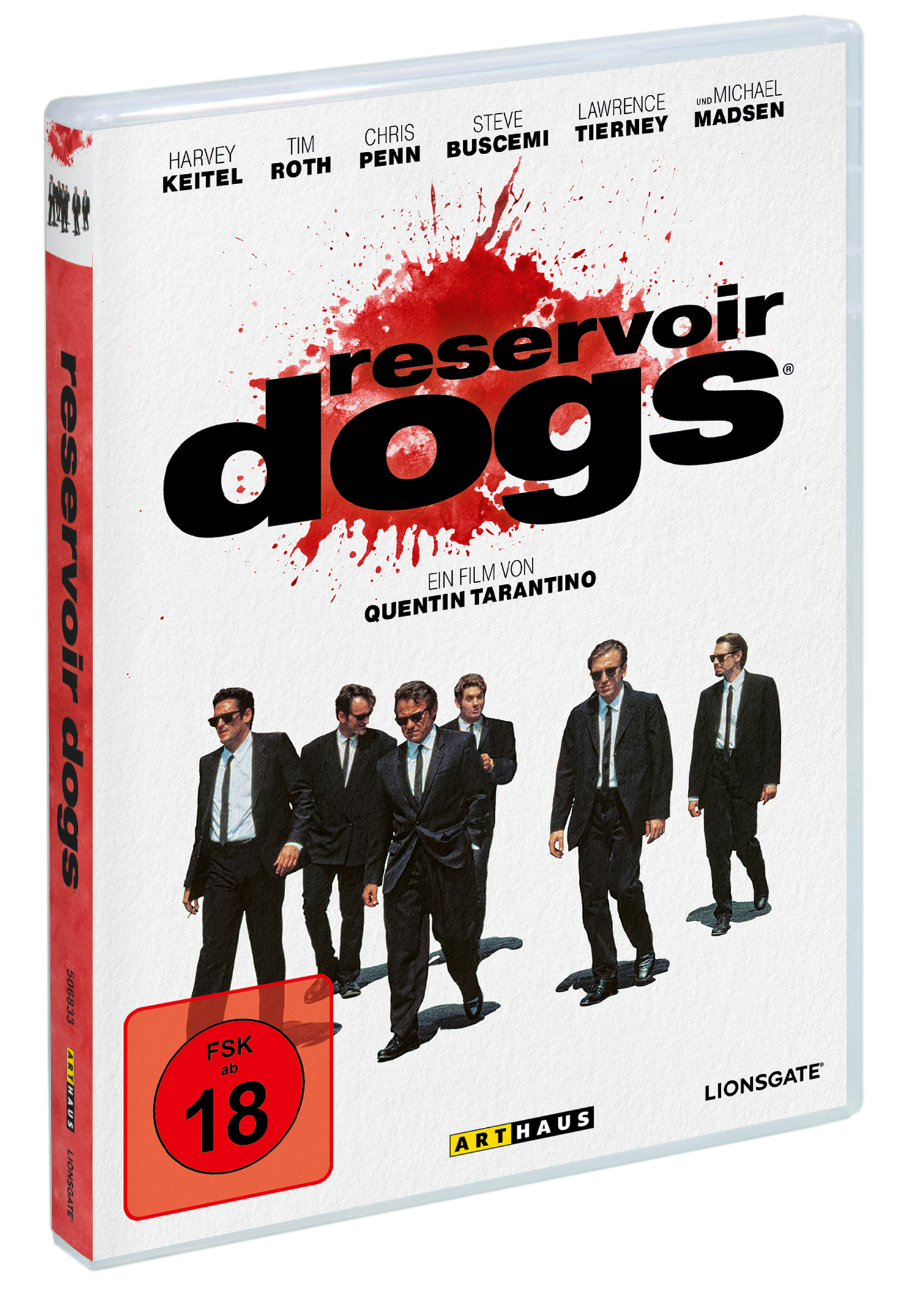 DVD-Box des Films Reservoir Dogs. Männer in Anzügen gehen, Blutspritzer.