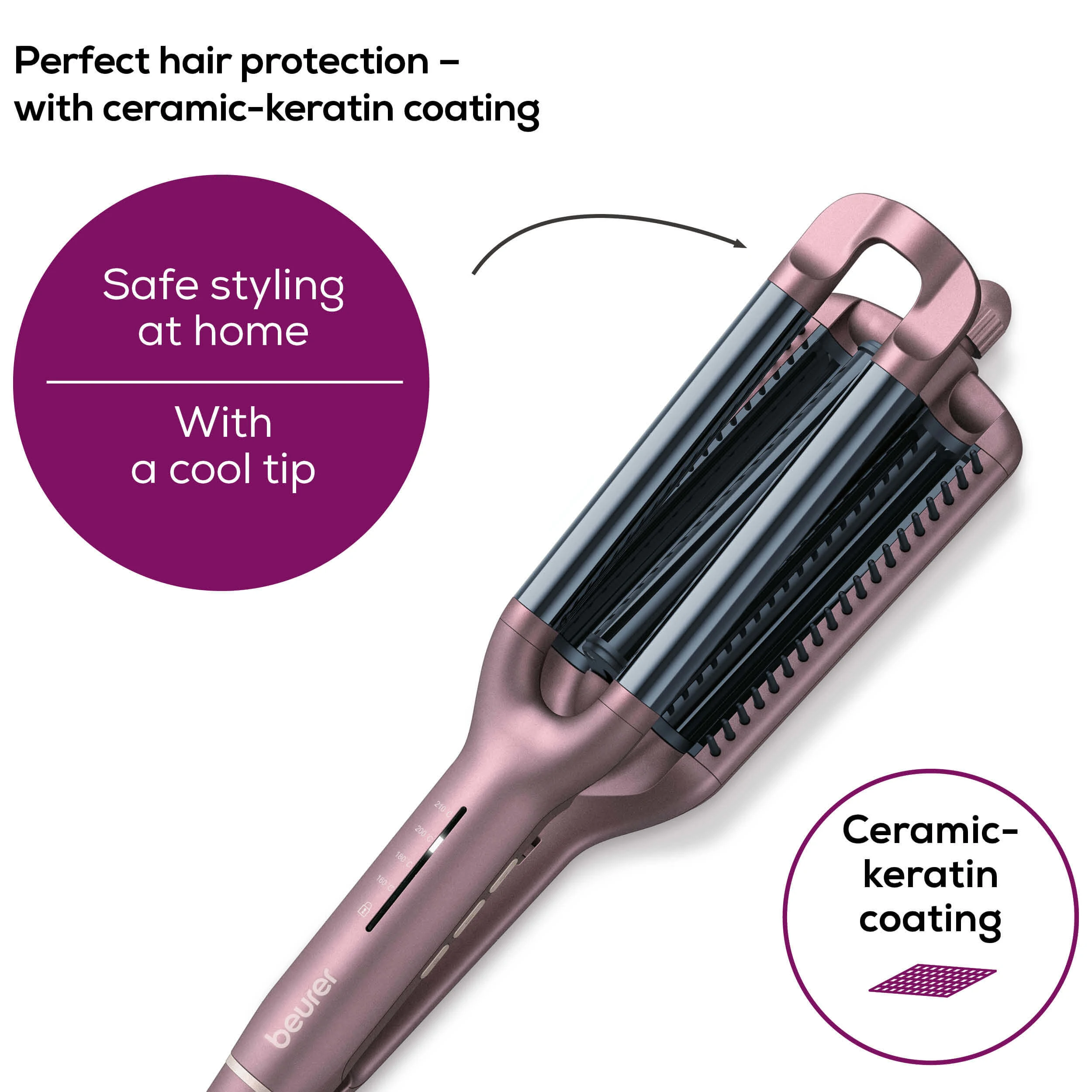 Haarglätter mit Keramik-Keratin-Beschichtung. Es ist rosa. Zeigt Styling-Anweisungen.