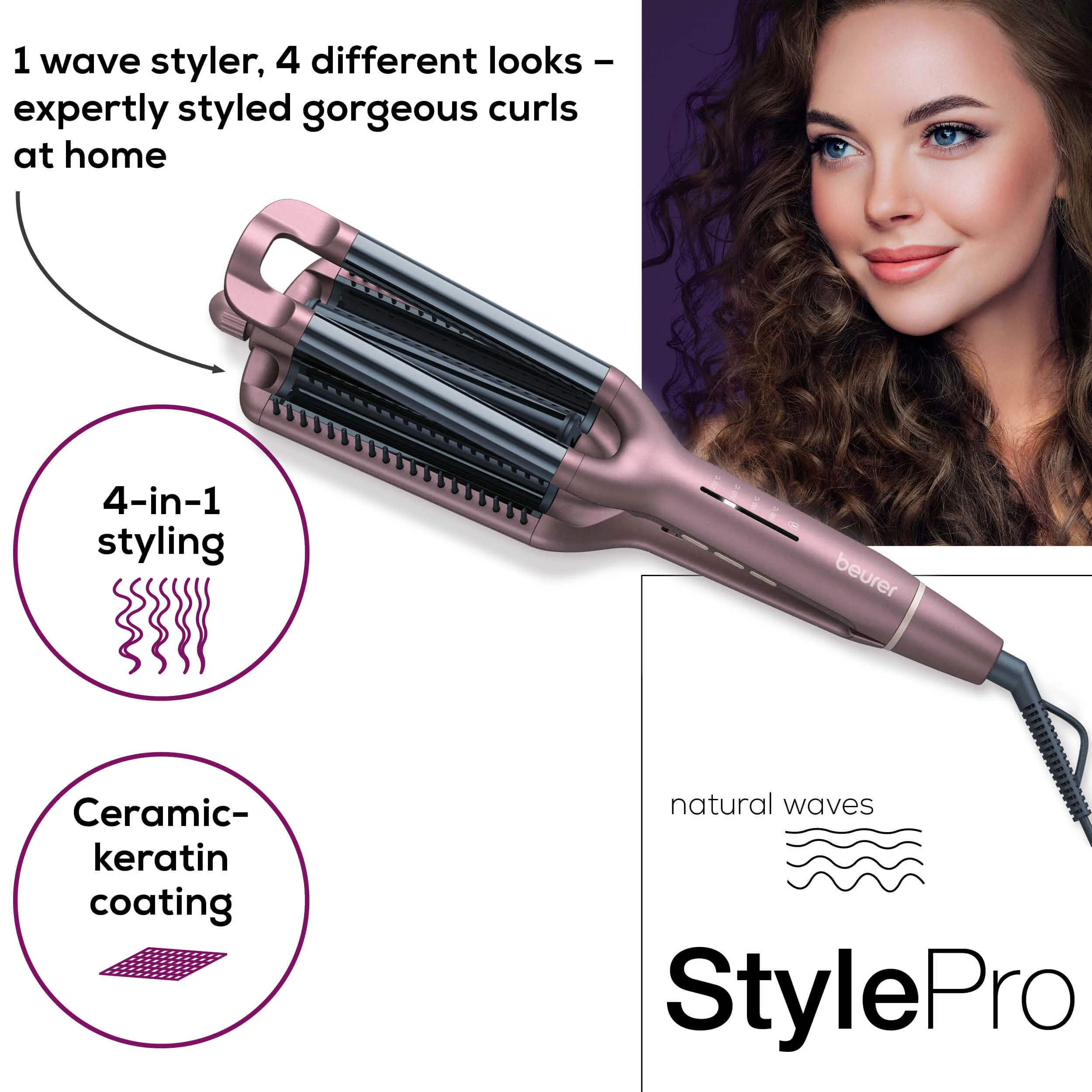 Ein Haarstyling-Werkzeug mit Text über Locken und Wellenmuster.