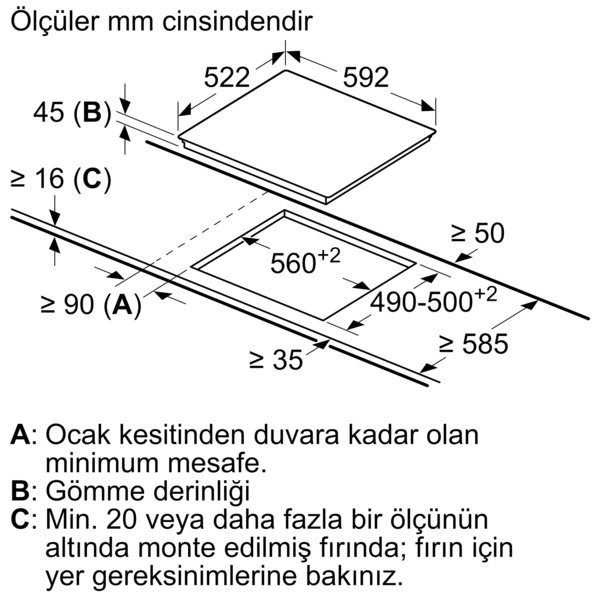 Kurulum ve gerekli alan için boyutları ve açıklamaları içeren bir ocak teknik çizimi.