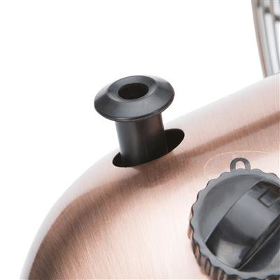 Gros plan d'une surface métallique cuivrée avec un bec noir et un bouton de commande. Le bec est cylindrique et comporte un trou.