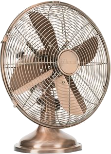 Un ventilateur électrique couleur bronze avec une cage circulaire et quatre pales. Il repose sur un socle.