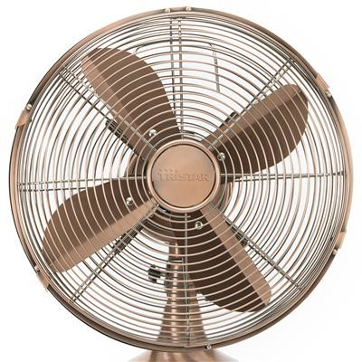 Un ventilateur de style rétro, couleur bronze. Il possède quatre pales, une cage de protection et une base ronde. La marque est visible.