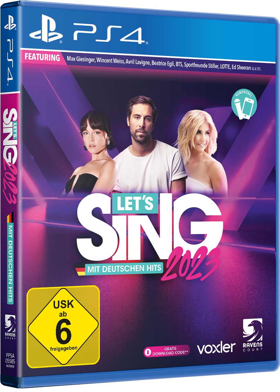 Spielehülle 'Let's Sing 2023' mit drei Sängern auf blauem Hintergrund.
