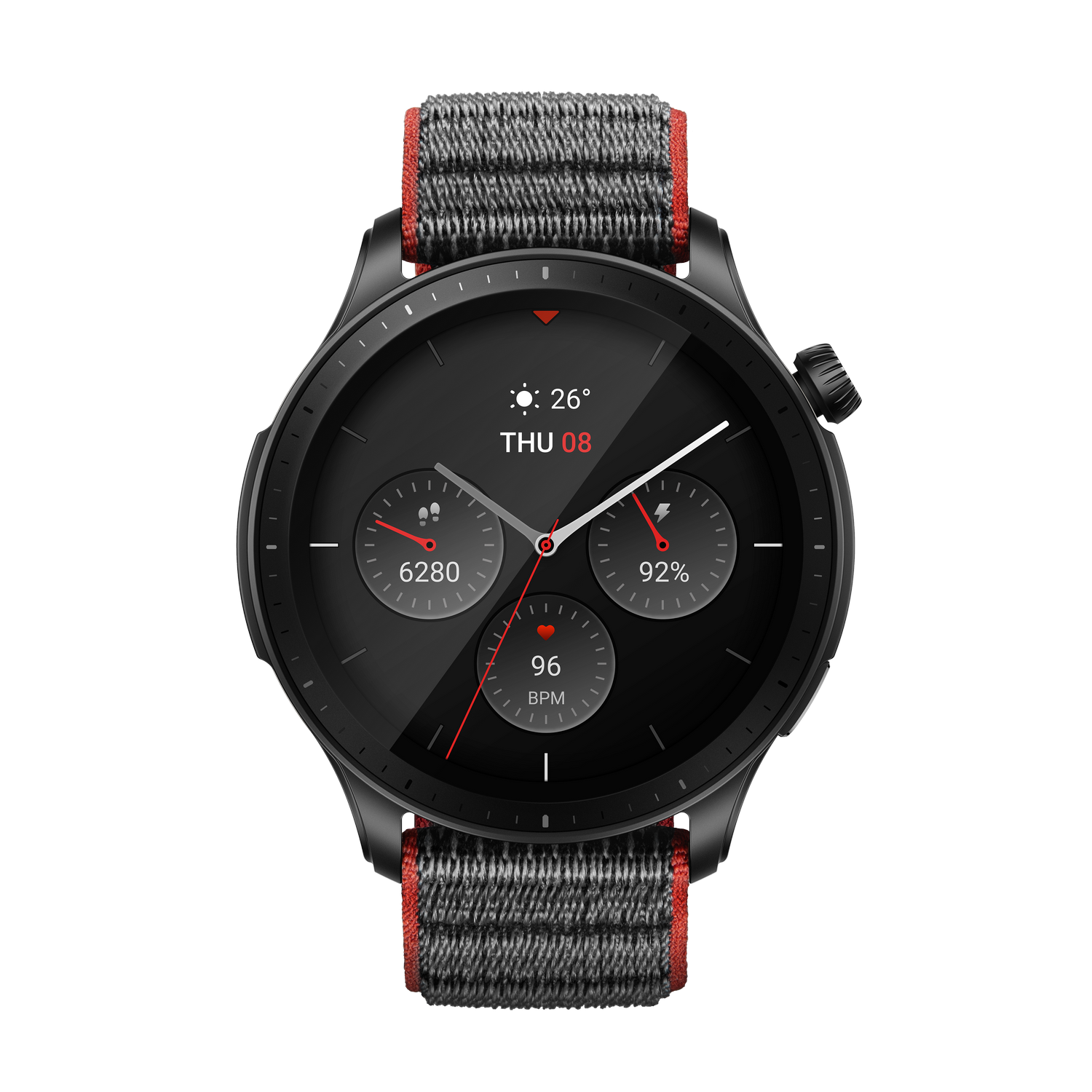 Reloj inteligente negro con correa roja y gris, mostrando hora, clima y datos de salud.