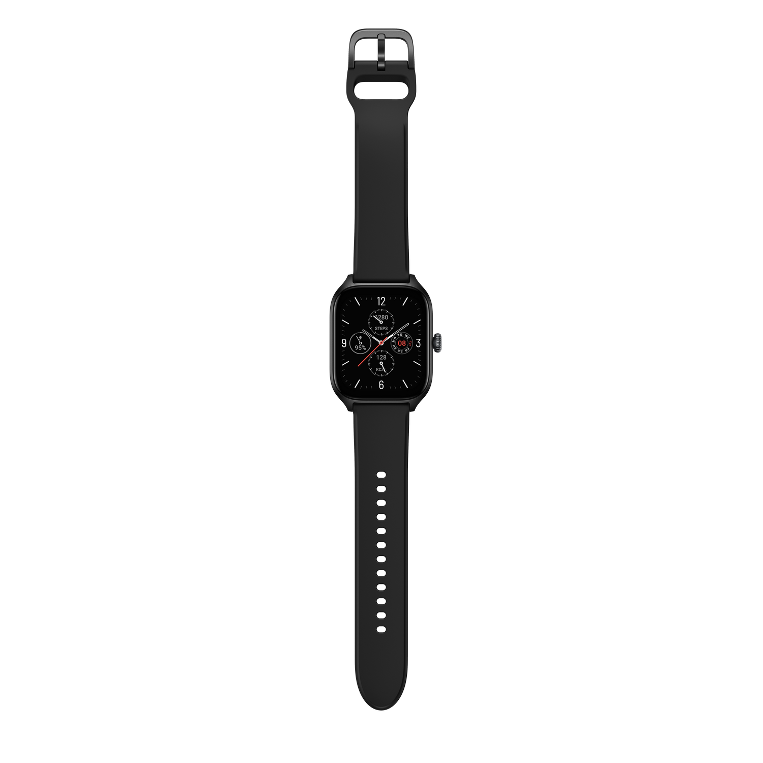 Un reloj inteligente negro con una esfera rectangular y correa negra, sobre un fondo negro.