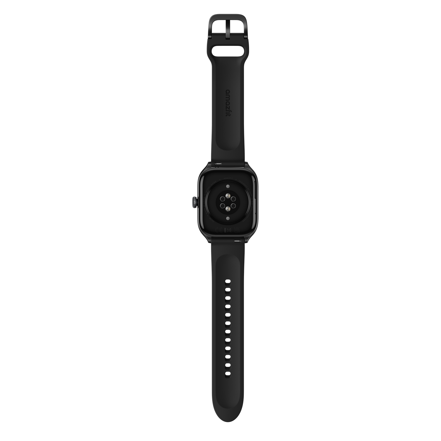 Reloj inteligente negro con correa negra. Parte trasera visible.