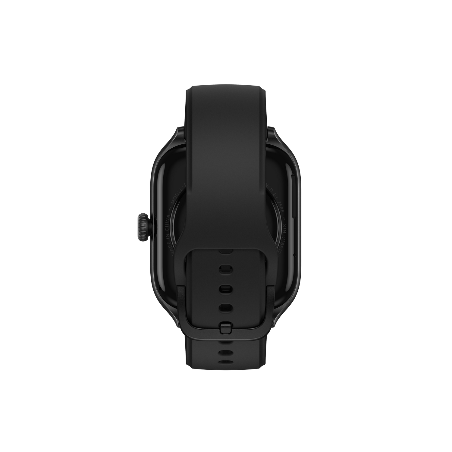 Smartwatch negra. Vista inferior del reloj con correa negra.