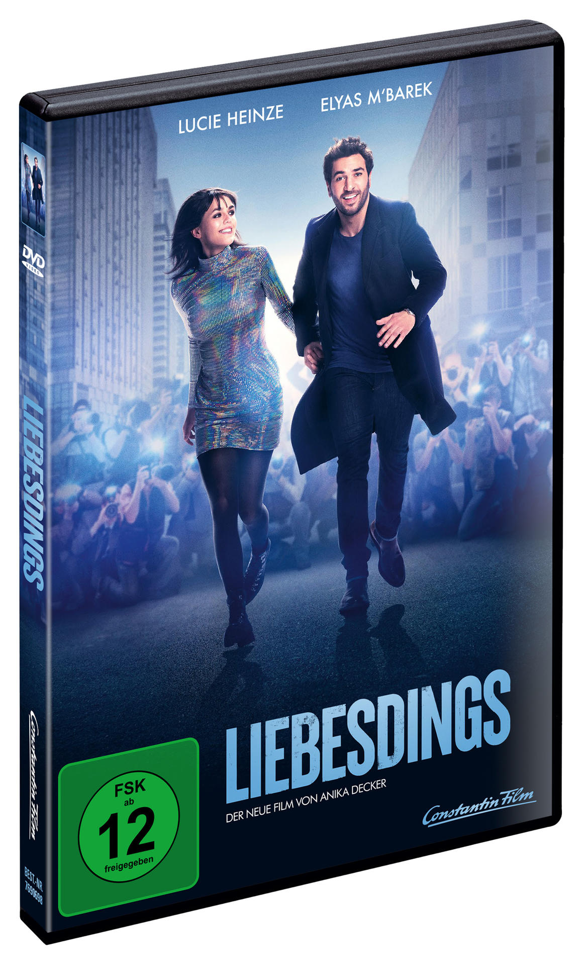 DVD-Hülle. Ein Paar rennt auf die Kamera zu. Menschenmenge im Hintergrund. Titel: LIEBESDINGS.