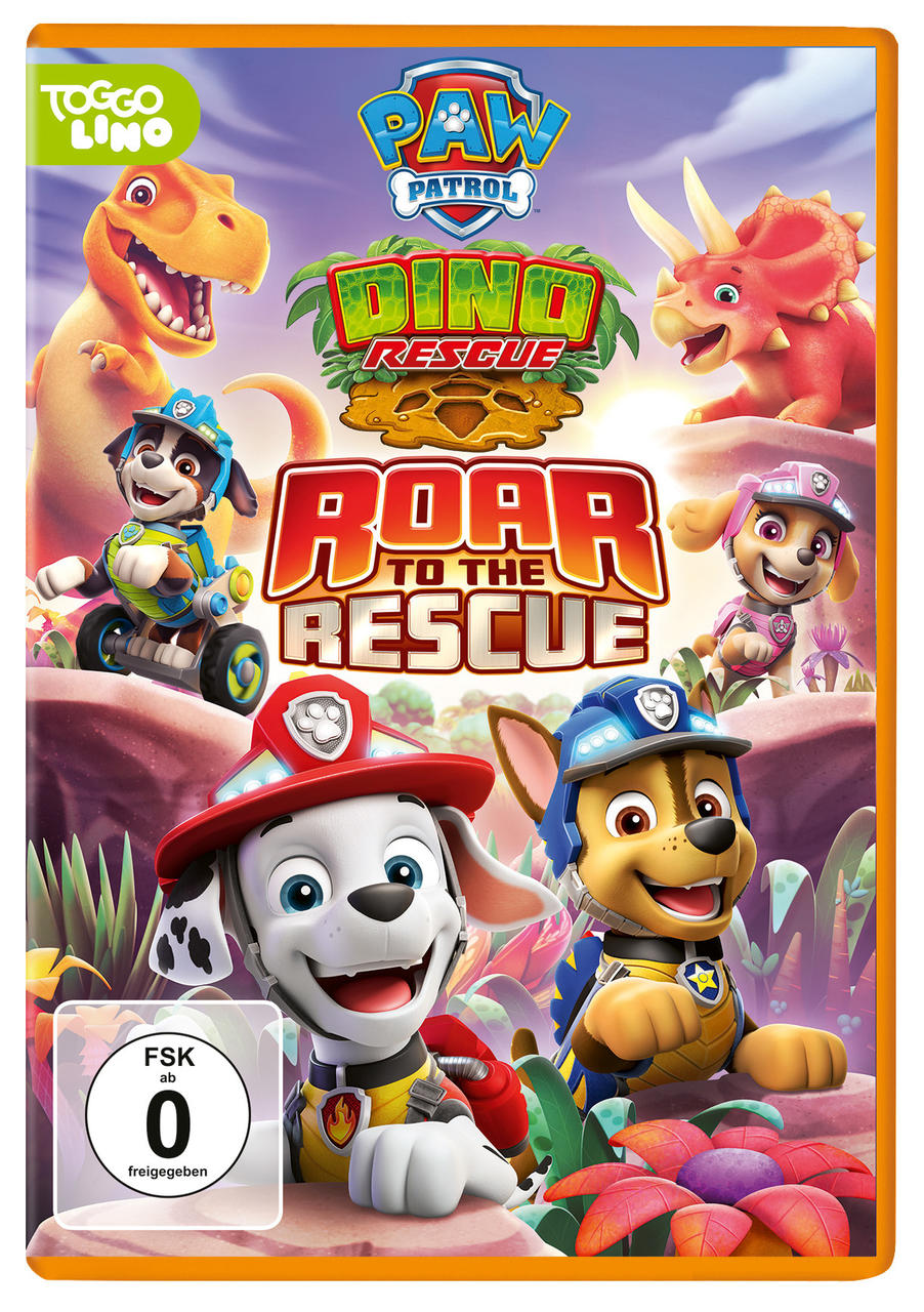 DVD-Cover von Paw Patrol Dino Rescue, Zeichentrickhunde und Dinosaurier auf dem Cover.