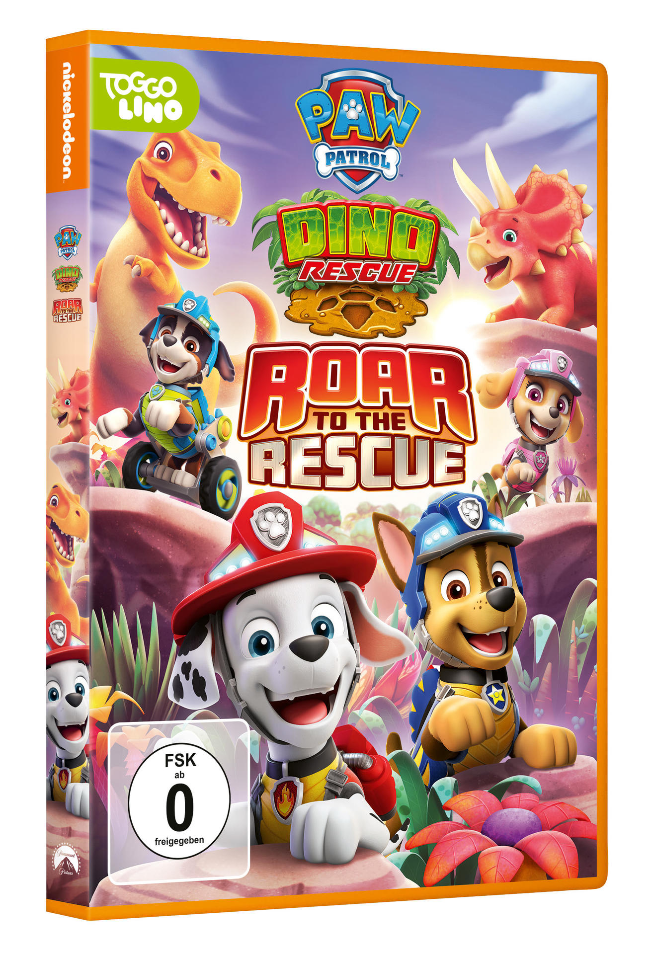 DVD-Cover: Paw Patrol Dino Rescue, mit animierten Welpen, Dinosauriern und dem Titel Roar to the Rescue.