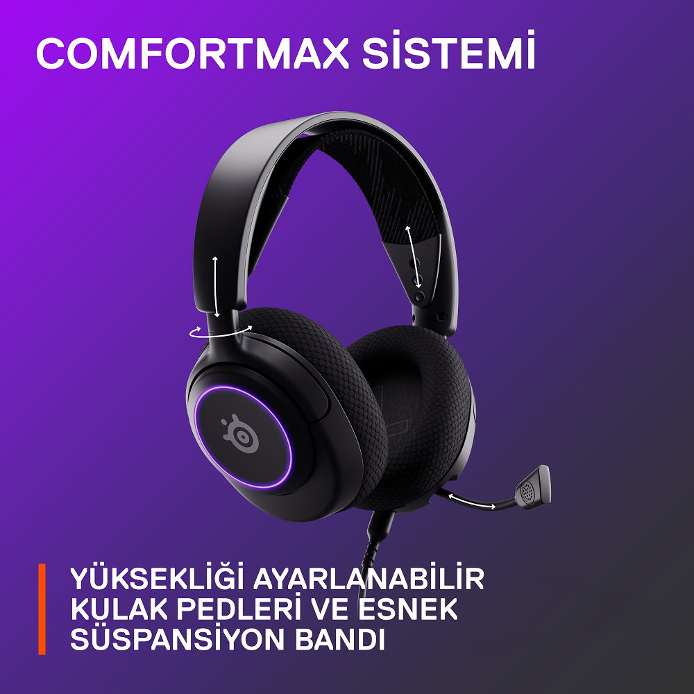 Türkçe metinli siyah ve mor oyuncu kulaklığı. Kulaklıkta bir mikrofon var.