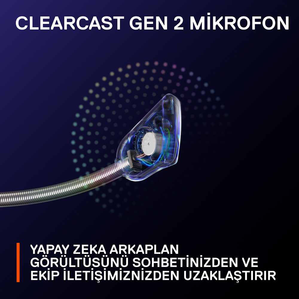 Bir mikrofonun yakın çekimi, metin şöyledir: CLEARCAST GEN 2 MICROFON. Arka plan karanlık ve bulanık.