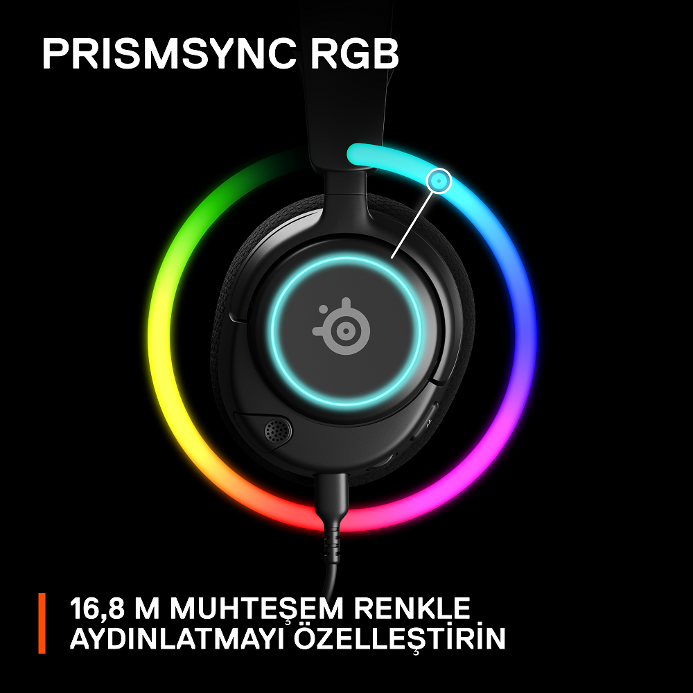 Renkli RGB ışıklı siyah oyun kulaklığı. Metinde 'PRISMSYNC RGB' yazıyor.