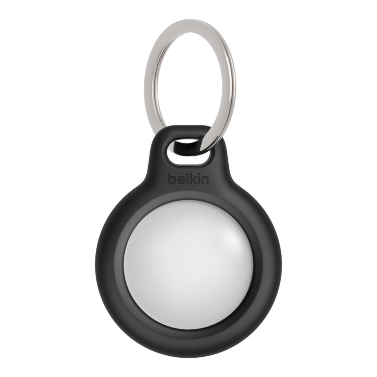 Black Belkin AirTag holder with a silver keyring.