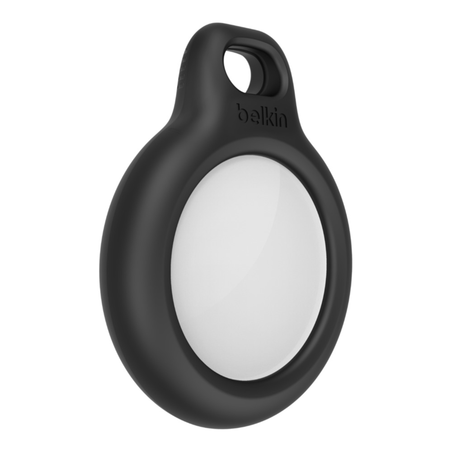 A black Belkin AirTag holder is shown, with a white circle in the middle.