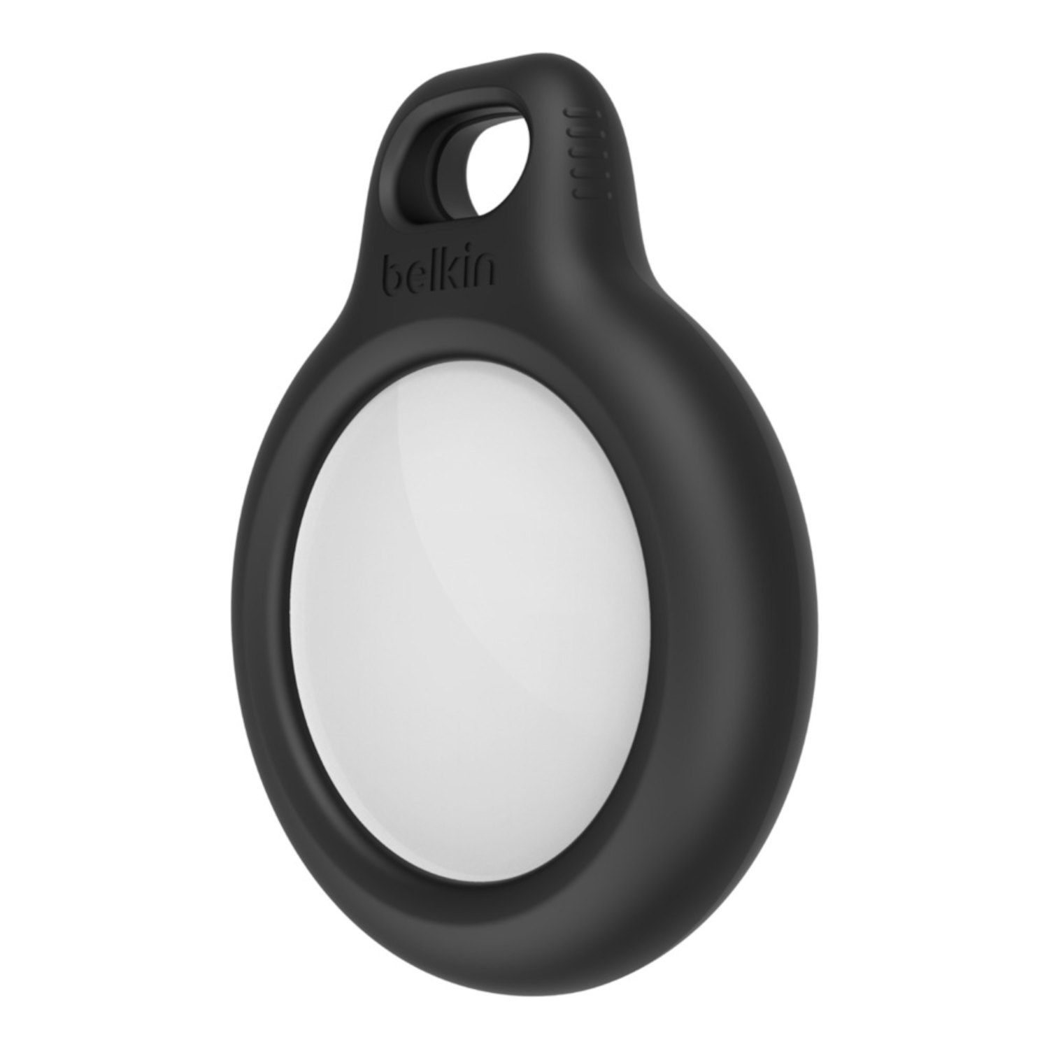 Black Belkin AirTag with a white center, in a close-up shot.