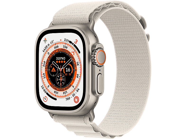 APPLE Watch Ultra (2022), GPS + Cellular, 49 mm, Caja de titanio, Cristal zafiro, Correa Loop Alpine en Talla S color Blanco estrella