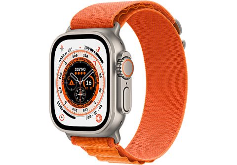 APPLE Watch Ultra (2022), GPS + Cellular, 49 mm, Caja de titanio, Cristal de zafiro, Correa Loop Alpine en Talla S de color Naranja