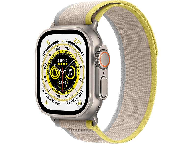 Apple Watch Ultra (2022), GPS + Cellular, 49 mm, Caja de titanio, Cristal zafiro, Correa Loop Trail en Talla M/L color Amarillo/Beis