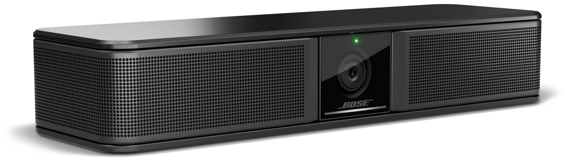 Fekete Bose soundbar kamera, mikrofon és hangszórólyukakkal. Bose logó látható.