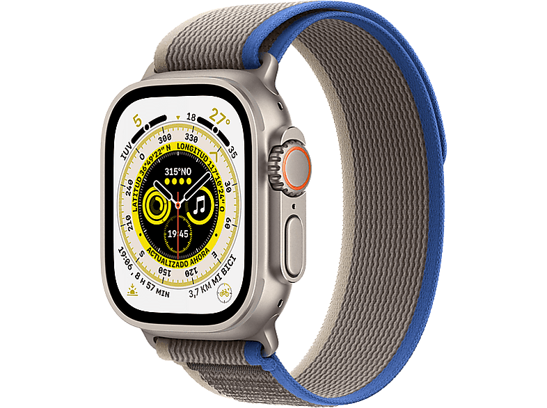 Apple Watch Ultra (2022), GPS + Cellular, 49 mm, Caja de titanio, Cristal zafiro, Correa Loop Trail en Talla S/M color Azul/Gris