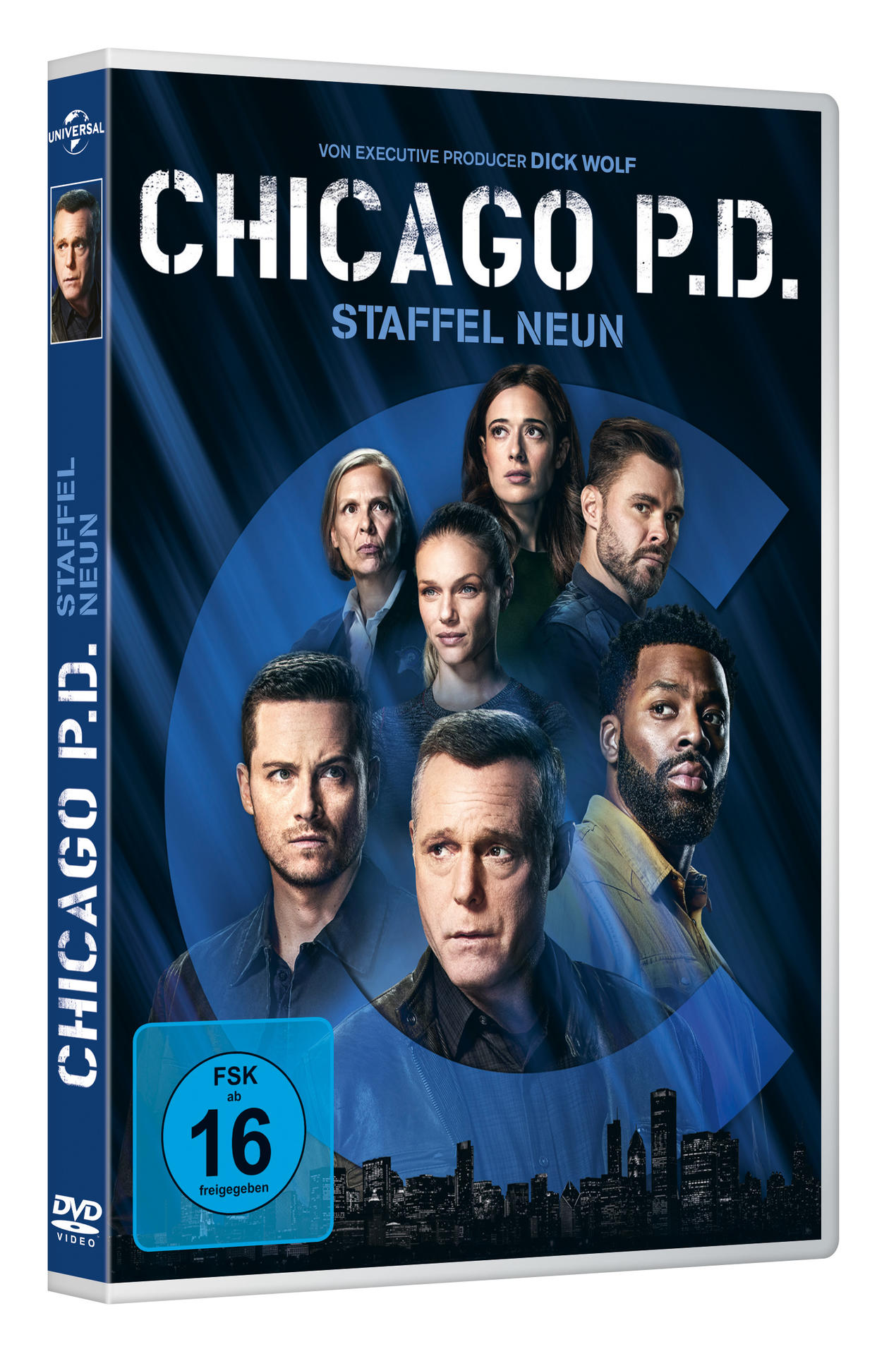 DVD-Hülle für Chicago P.D. Staffel neun. Enthält Porträts der Darsteller. Der Hintergrund ist ein blauer Farbverlauf.