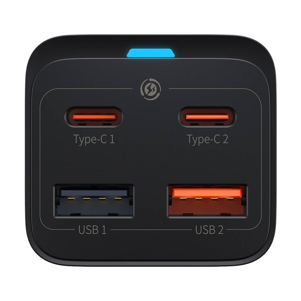 Dört portlu siyah şarj cihazı. İkisi Type-C, ikisi USB. Üstte mavi bir ışık var.